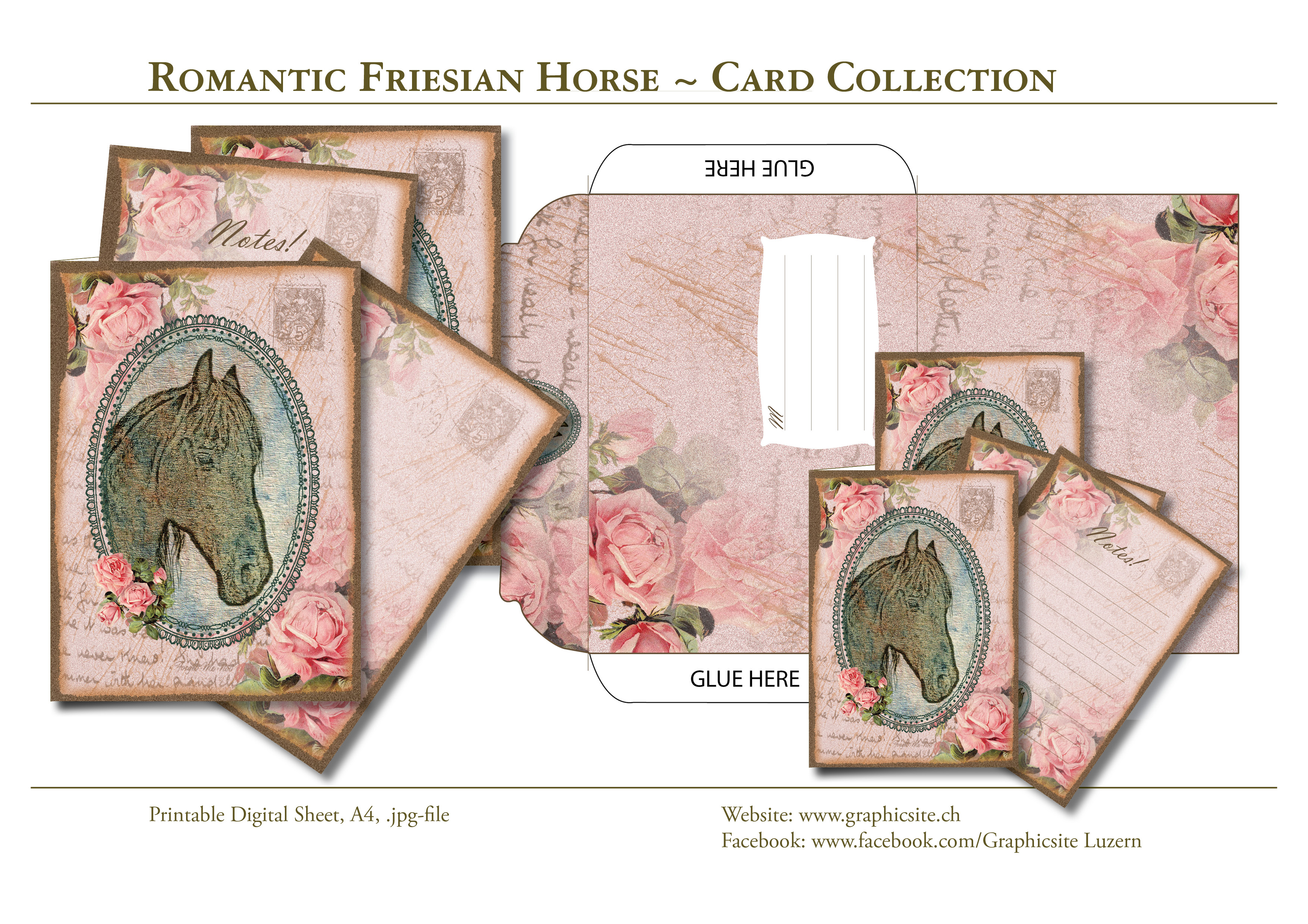 Printable Digital Sheets - DIN A Formats - Romantic Friesian Horse - Card Collection - #cards, #greetingcards, #horse, #download, #graphicdesign, #luzern, #schweiz,